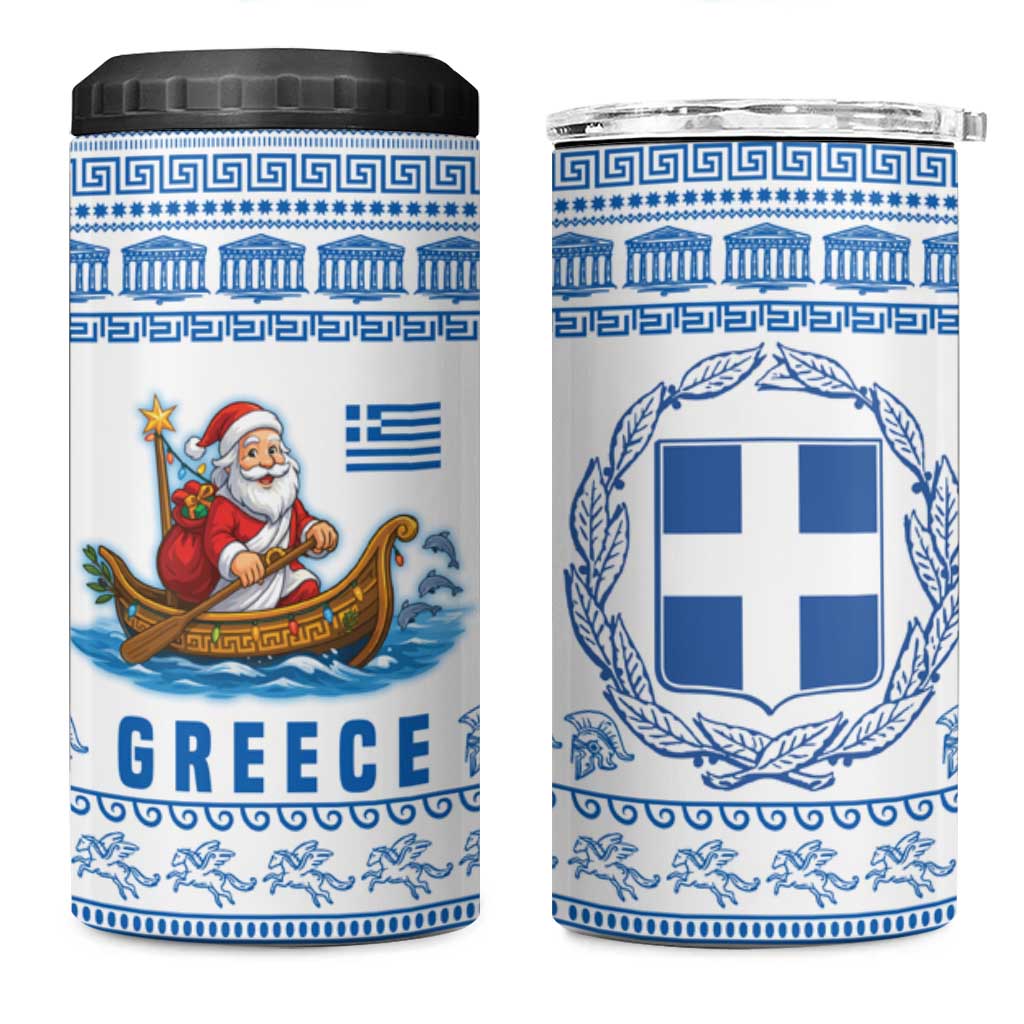Greece Christmas 4 in 1 Can Cooler Tumbler with Santa Rowing Boat Greek Flag Laurel Wreath Parthenon and Blue White Pattern Design - Wonder Print Shop