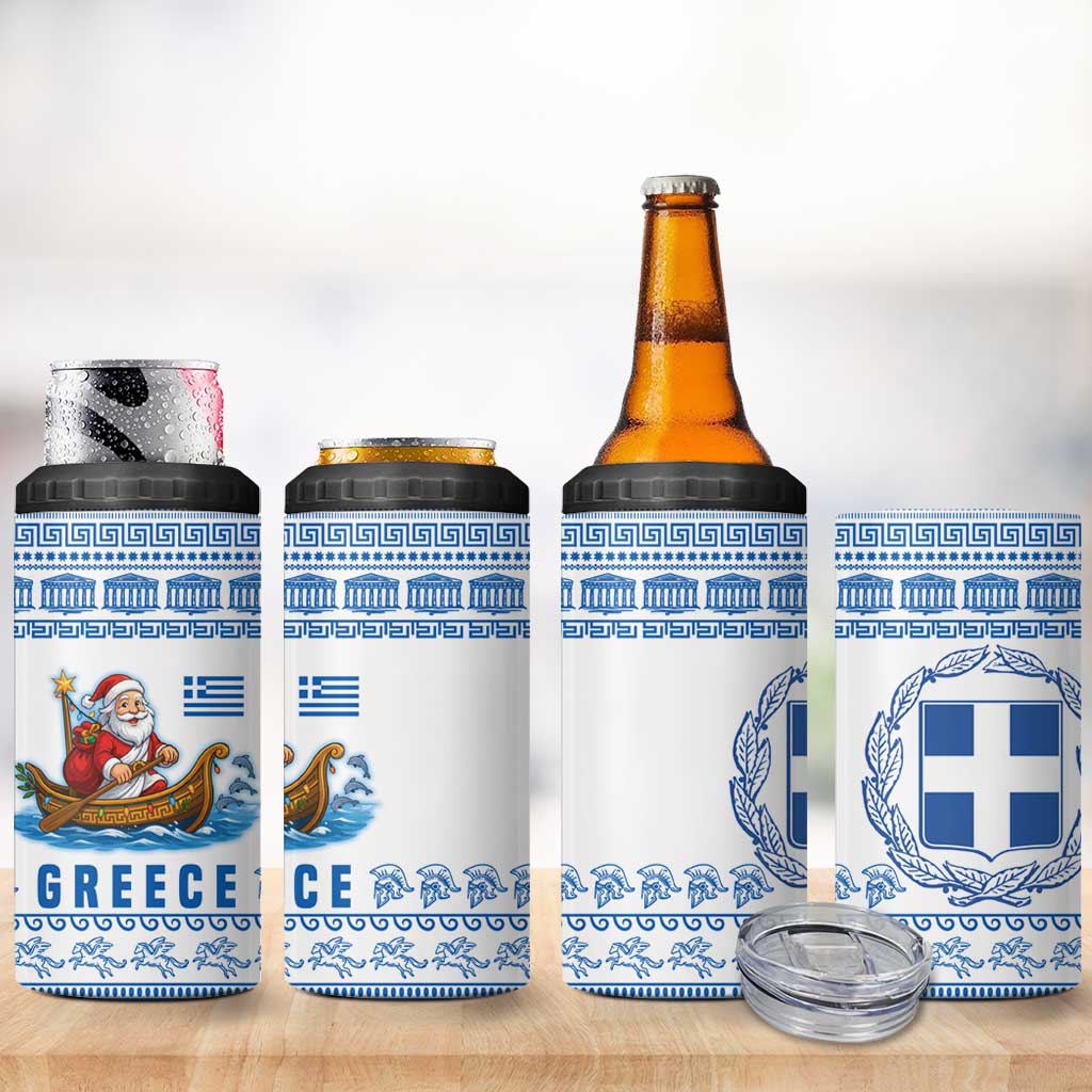 Greece Christmas 4 in 1 Can Cooler Tumbler with Santa Rowing Boat Greek Flag Laurel Wreath Parthenon and Blue White Pattern Design - Wonder Print Shop