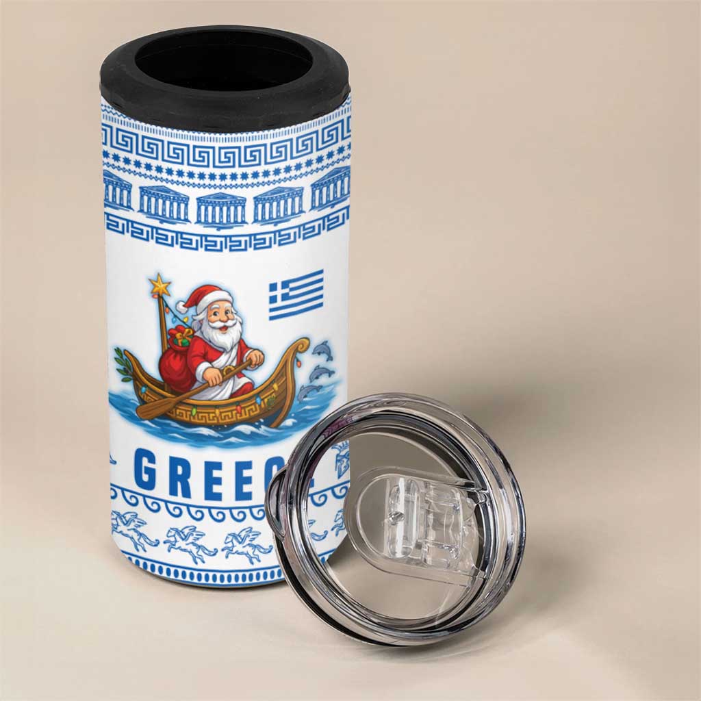 Greece Christmas 4 in 1 Can Cooler Tumbler with Santa Rowing Boat Greek Flag Laurel Wreath Parthenon and Blue White Pattern Design - Wonder Print Shop