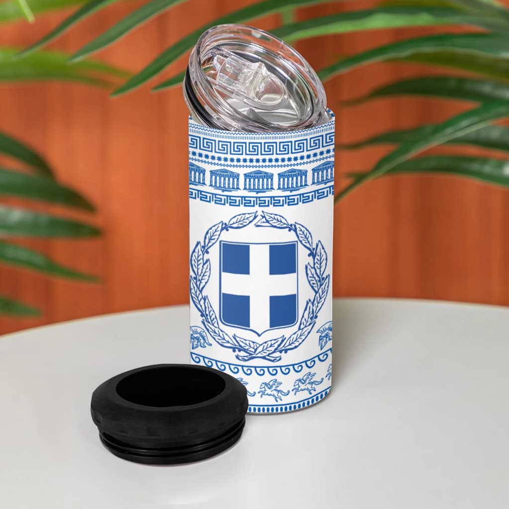 Greece Christmas 4 in 1 Can Cooler Tumbler with Santa Rowing Boat Greek Flag Laurel Wreath Parthenon and Blue White Pattern Design - Wonder Print Shop