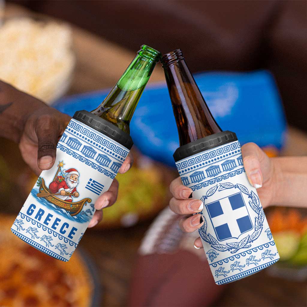 Greece Christmas 4 in 1 Can Cooler Tumbler with Santa Rowing Boat Greek Flag Laurel Wreath Parthenon and Blue White Pattern Design - Wonder Print Shop