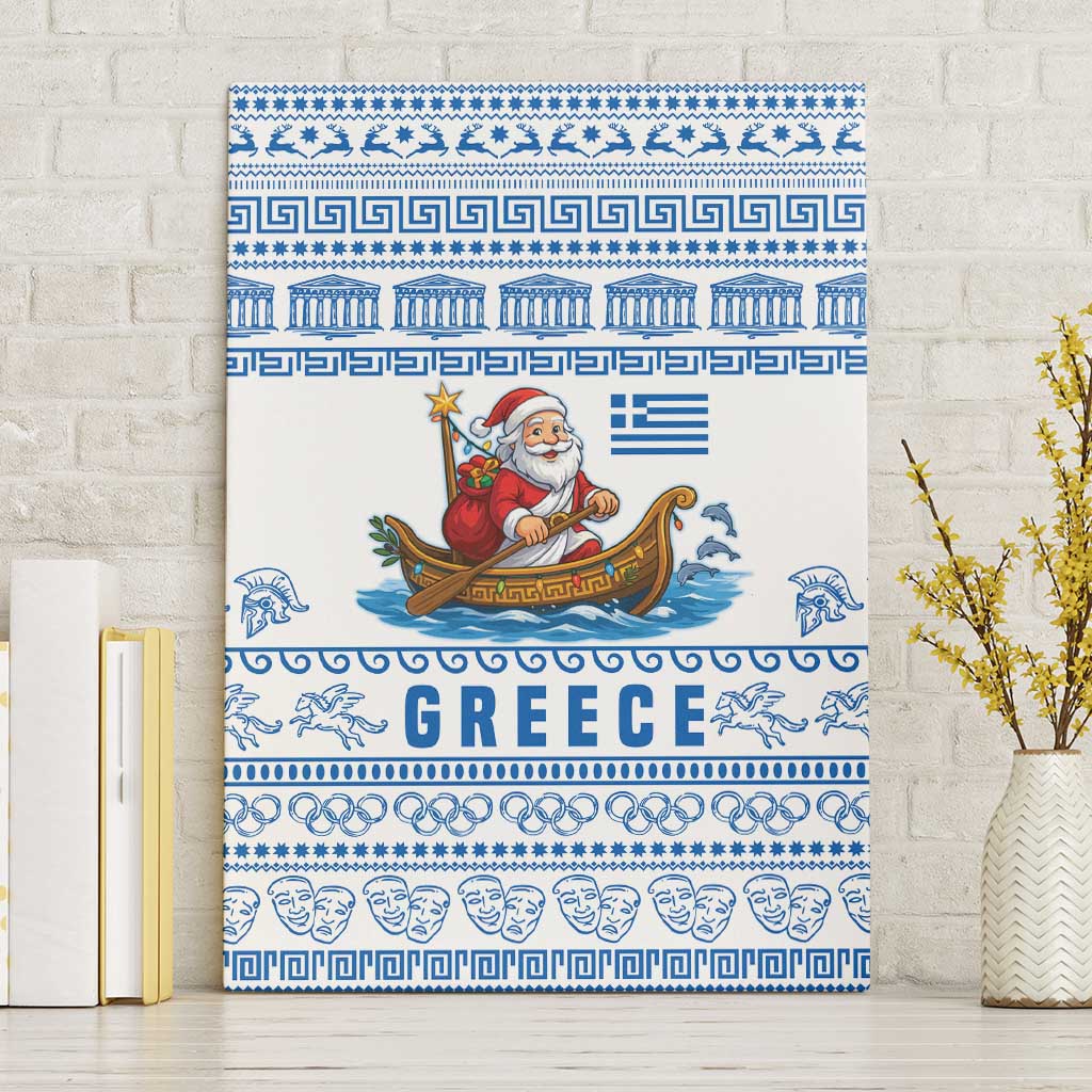 Greece Christmas Canvas Wall Art with Santa Rowing Boat Greek Flag Laurel Wreath Parthenon and Blue White Pattern Design - Wonder Print Shop
