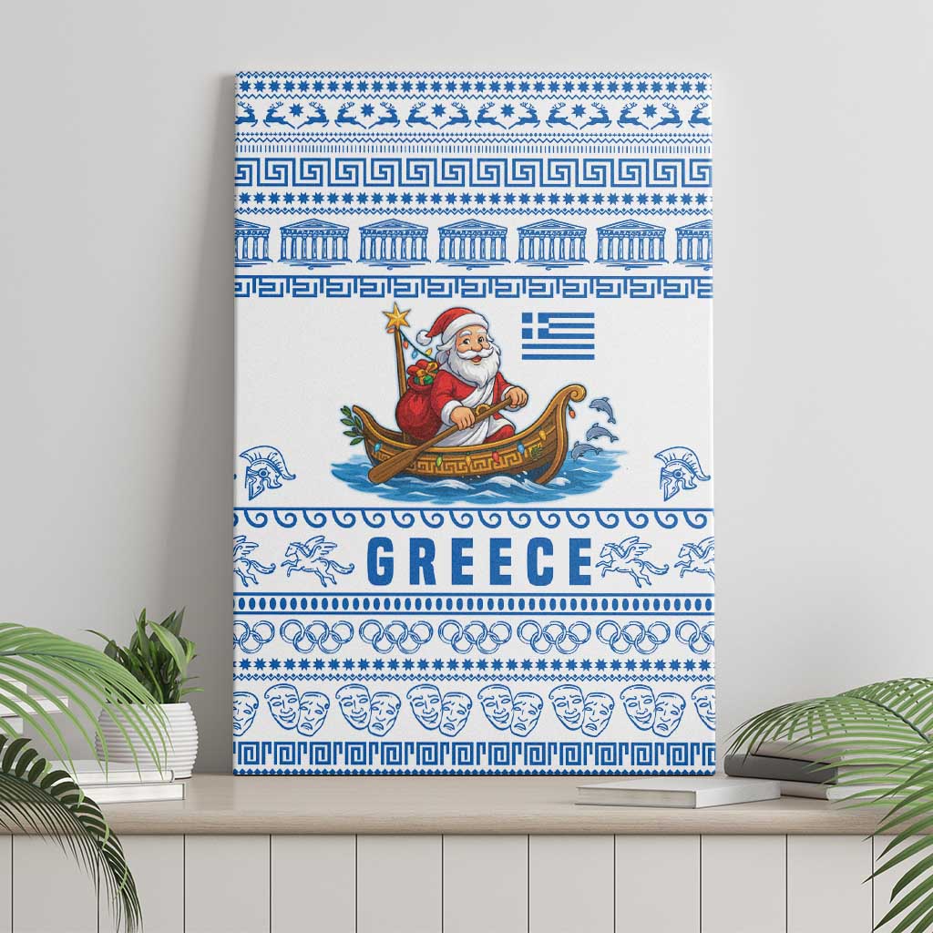 Greece Christmas Canvas Wall Art with Santa Rowing Boat Greek Flag Laurel Wreath Parthenon and Blue White Pattern Design - Wonder Print Shop