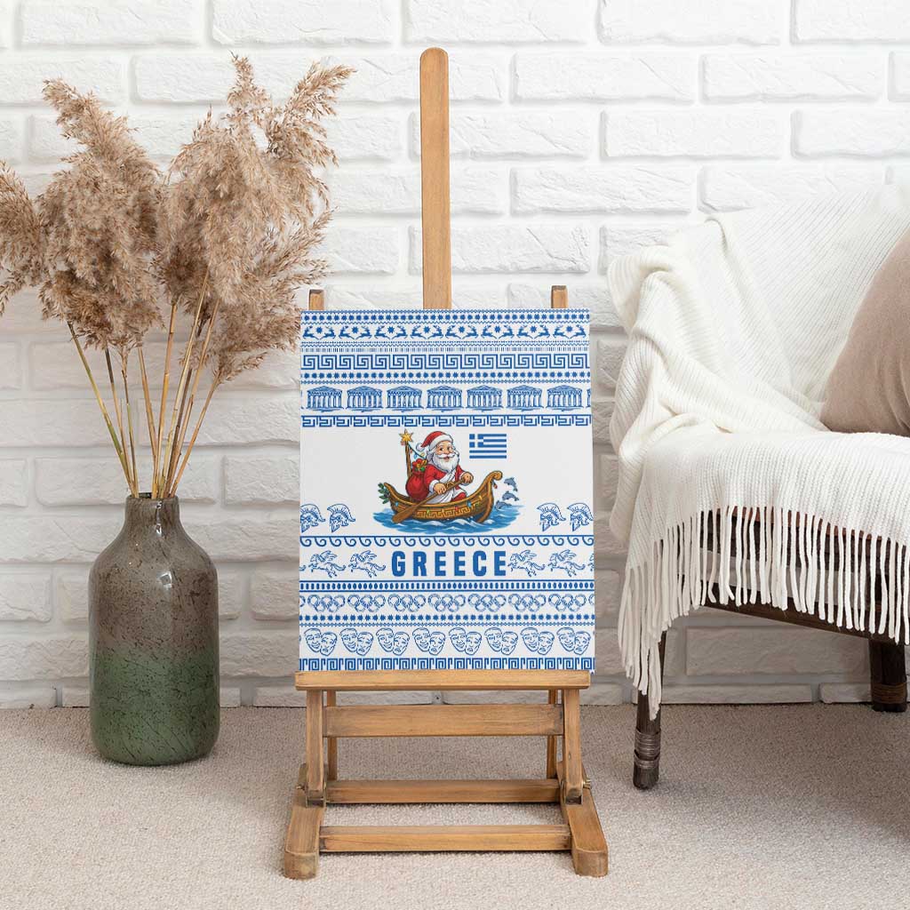 Greece Christmas Canvas Wall Art with Santa Rowing Boat Greek Flag Laurel Wreath Parthenon and Blue White Pattern Design - Wonder Print Shop