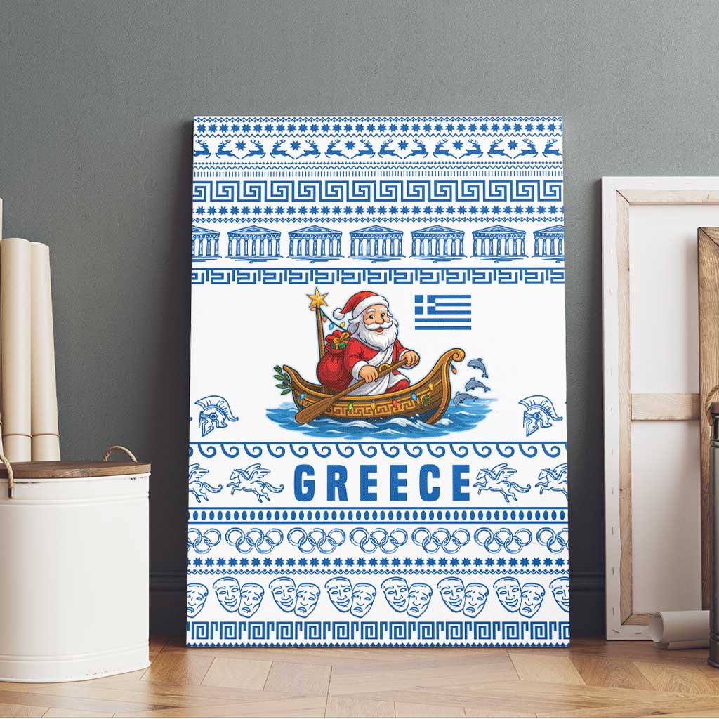 Greece Christmas Canvas Wall Art with Santa Rowing Boat Greek Flag Laurel Wreath Parthenon and Blue White Pattern Design - Wonder Print Shop