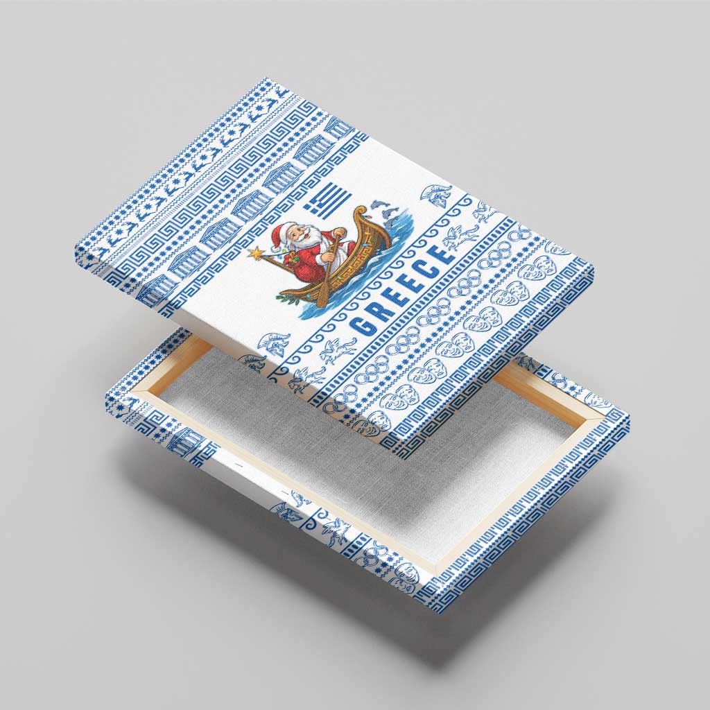 Greece Christmas Canvas Wall Art with Santa Rowing Boat Greek Flag Laurel Wreath Parthenon and Blue White Pattern Design - Wonder Print Shop