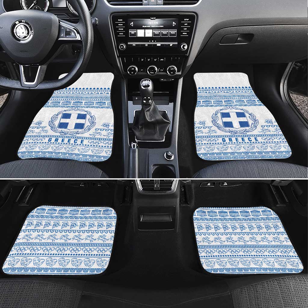 Greece Christmas Car Mats with Santa Rowing Boat Greek Flag Laurel Wreath Parthenon and Blue White Pattern Design - Wonder Print Shop