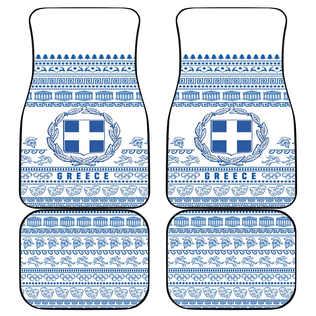 Greece Christmas Car Mats with Santa Rowing Boat Greek Flag Laurel Wreath Parthenon and Blue White Pattern Design - Wonder Print Shop