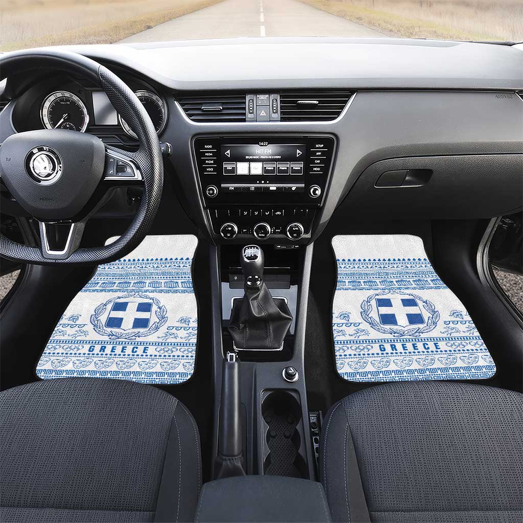 Greece Christmas Car Mats with Santa Rowing Boat Greek Flag Laurel Wreath Parthenon and Blue White Pattern Design - Wonder Print Shop