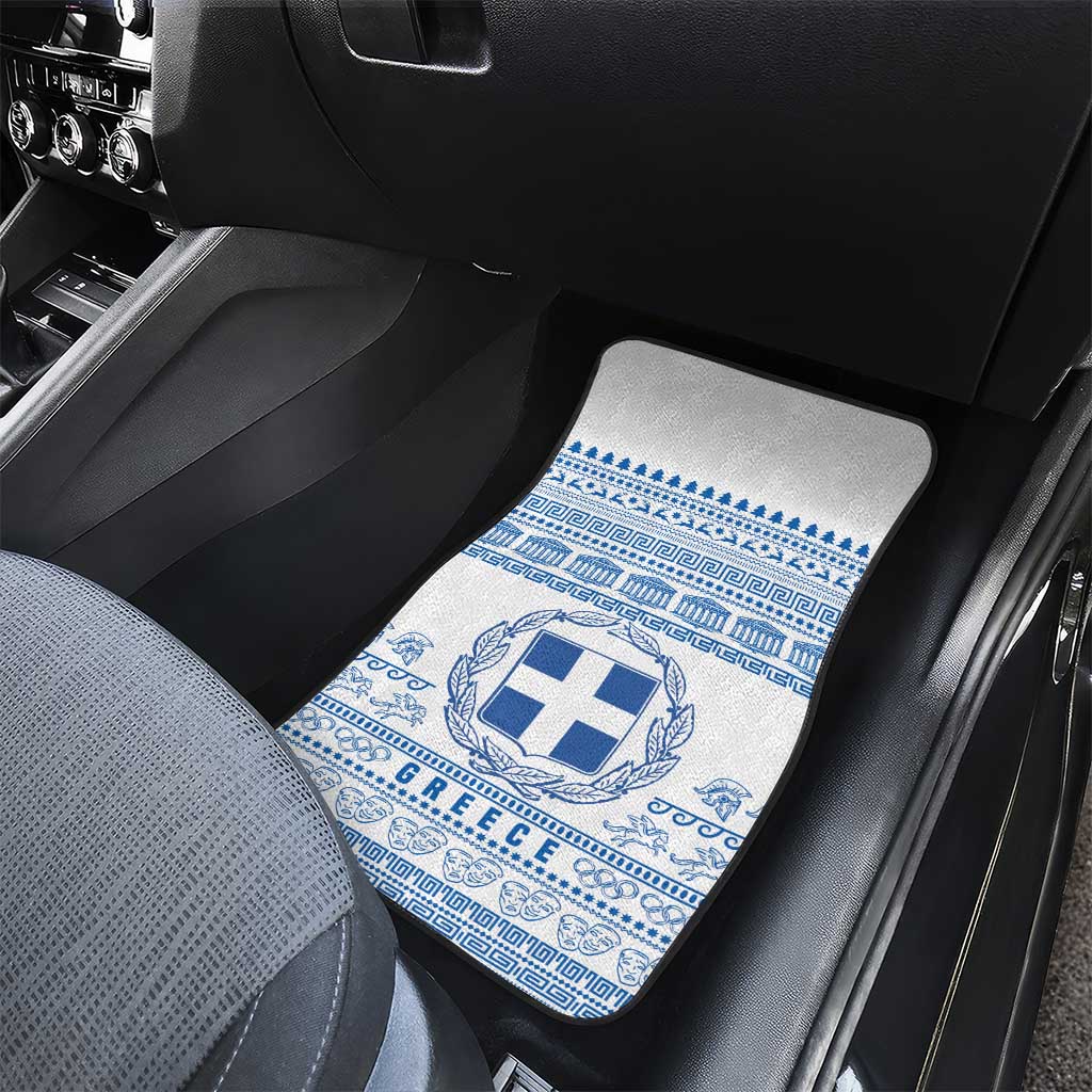 Greece Christmas Car Mats with Santa Rowing Boat Greek Flag Laurel Wreath Parthenon and Blue White Pattern Design - Wonder Print Shop