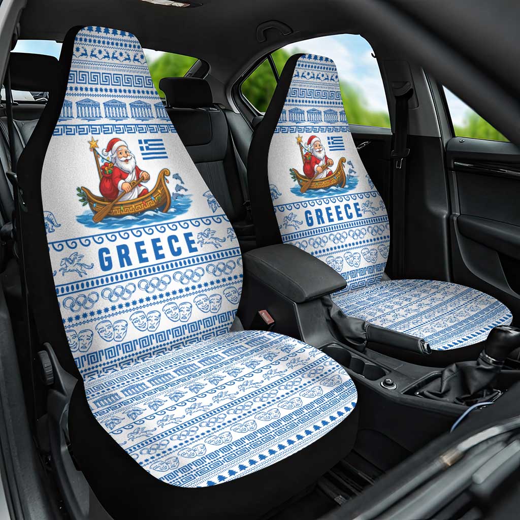Greece Christmas Car Seat Cover with Santa Rowing Boat Greek Flag Laurel Wreath Parthenon and Blue White Pattern Design - Wonder Print Shop