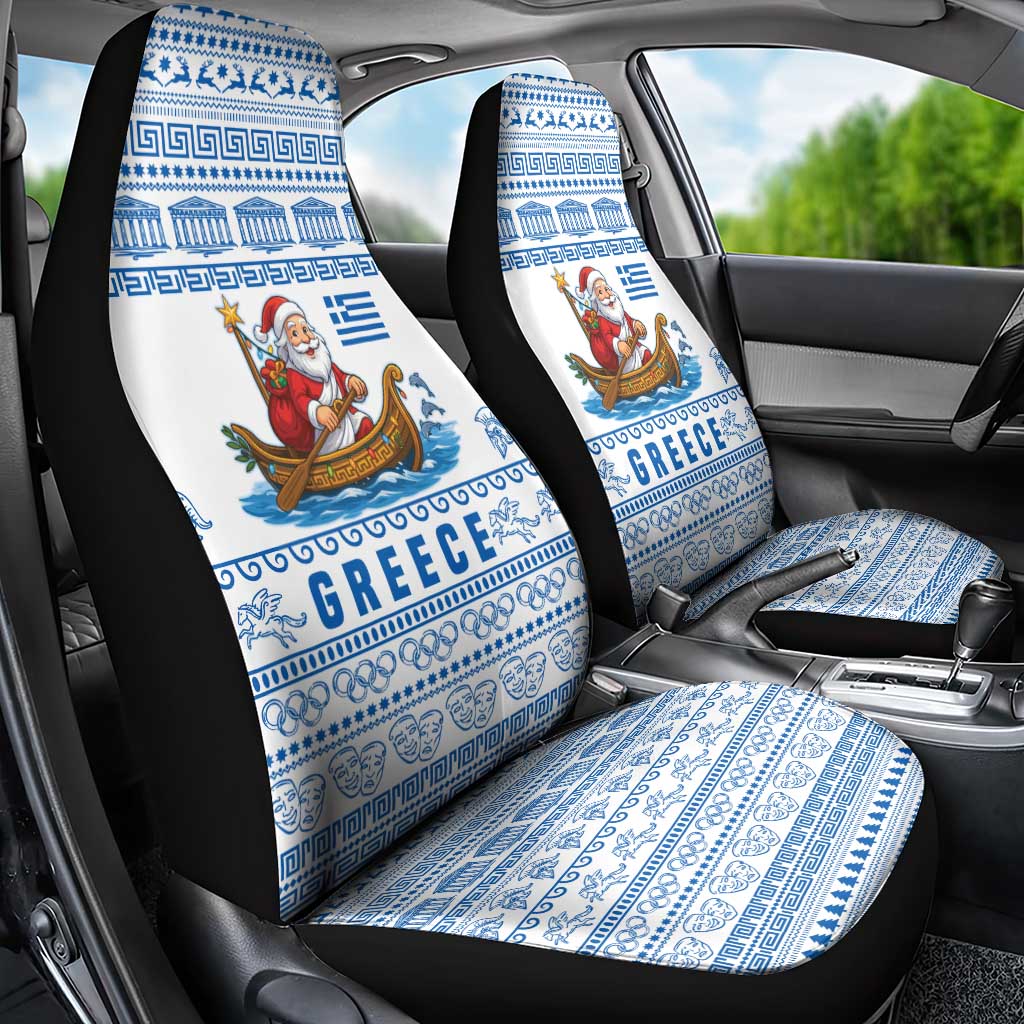 Greece Christmas Car Seat Cover with Santa Rowing Boat Greek Flag Laurel Wreath Parthenon and Blue White Pattern Design - Wonder Print Shop