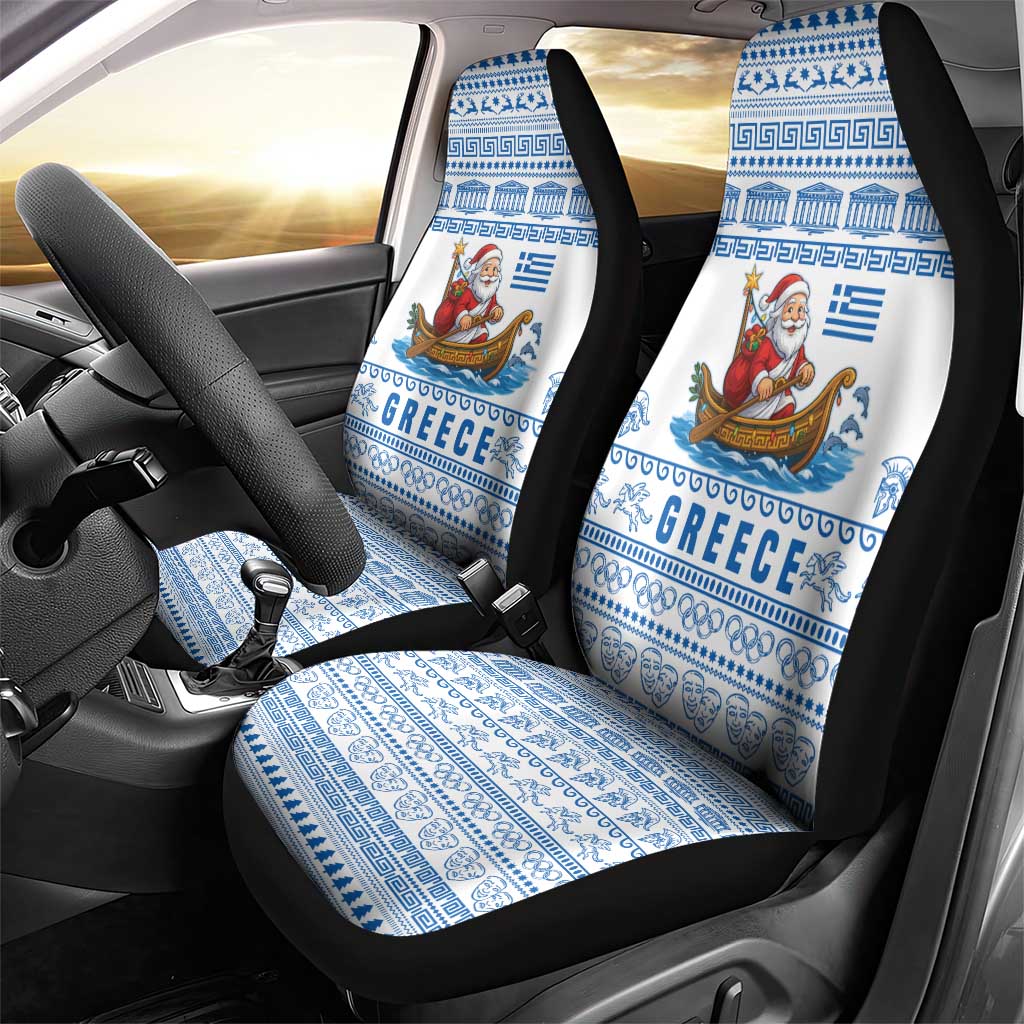Greece Christmas Car Seat Cover with Santa Rowing Boat Greek Flag Laurel Wreath Parthenon and Blue White Pattern Design - Wonder Print Shop