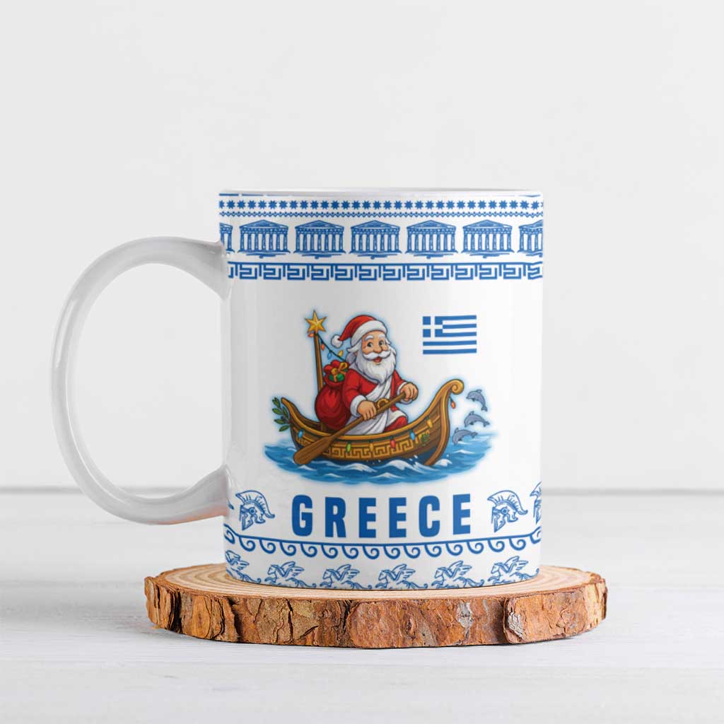 Greece Christmas Ceramic Mug with Santa Rowing Boat Greek Flag Laurel Wreath Parthenon and Blue White Pattern Design - Wonder Print Shop