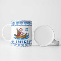 Greece Christmas Ceramic Mug with Santa Rowing Boat Greek Flag Laurel Wreath Parthenon and Blue White Pattern Design - Wonder Print Shop