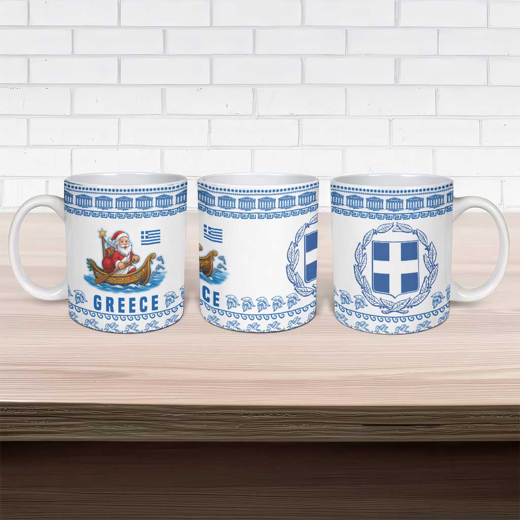 Greece Christmas Ceramic Mug with Santa Rowing Boat Greek Flag Laurel Wreath Parthenon and Blue White Pattern Design - Wonder Print Shop