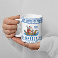 Greece Christmas Ceramic Mug with Santa Rowing Boat Greek Flag Laurel Wreath Parthenon and Blue White Pattern Design - Wonder Print Shop