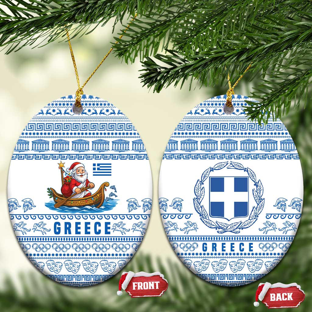 Greece Christmas Ceramic Ornament with Santa Rowing Boat Greek Flag Laurel Wreath Parthenon and Blue White Pattern Design - Wonder Print Shop