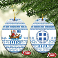 Greece Christmas Ceramic Ornament with Santa Rowing Boat Greek Flag Laurel Wreath Parthenon and Blue White Pattern Design - Wonder Print Shop