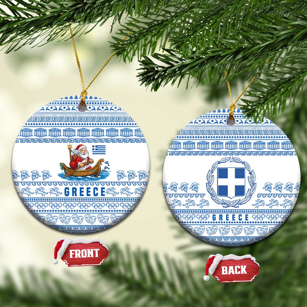 Greece Christmas Ceramic Ornament with Santa Rowing Boat Greek Flag Laurel Wreath Parthenon and Blue White Pattern Design - Wonder Print Shop