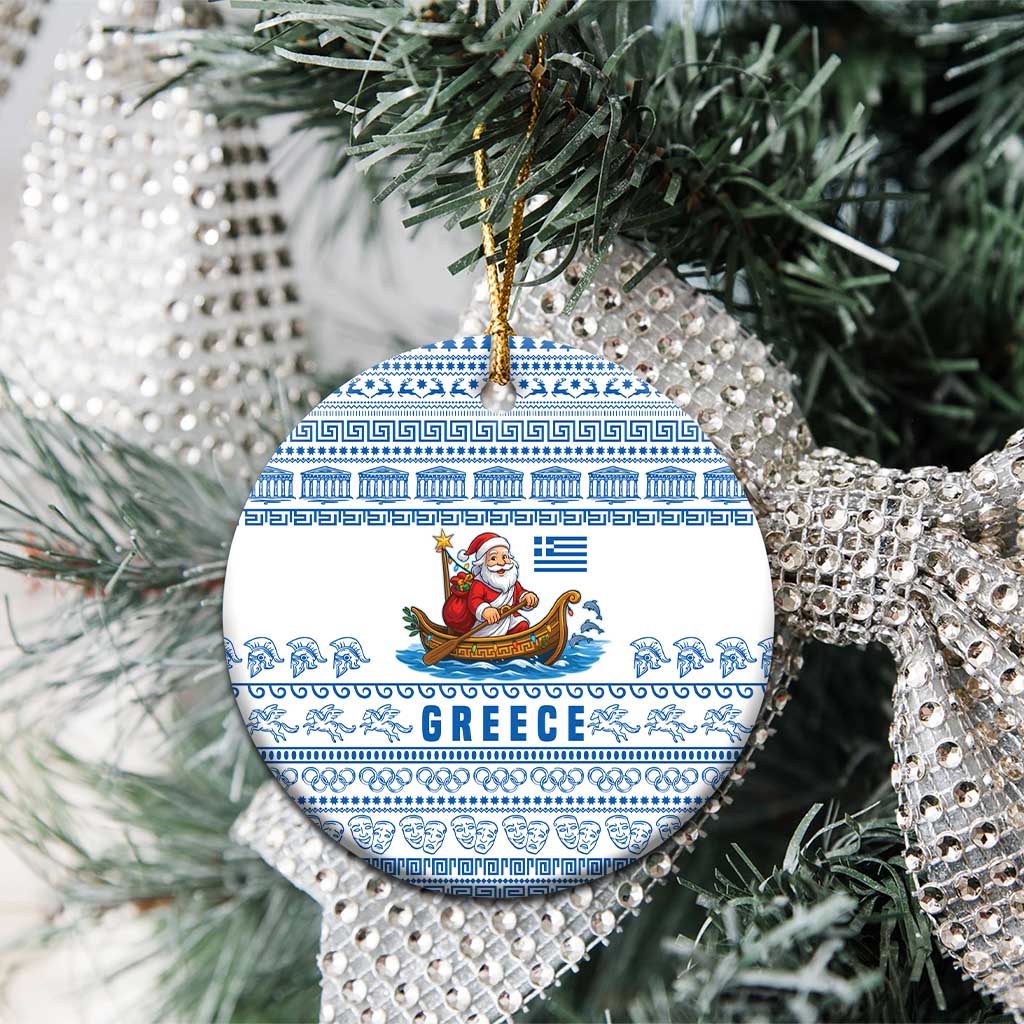 Greece Christmas Ceramic Ornament with Santa Rowing Boat Greek Flag Laurel Wreath Parthenon and Blue White Pattern Design - Wonder Print Shop