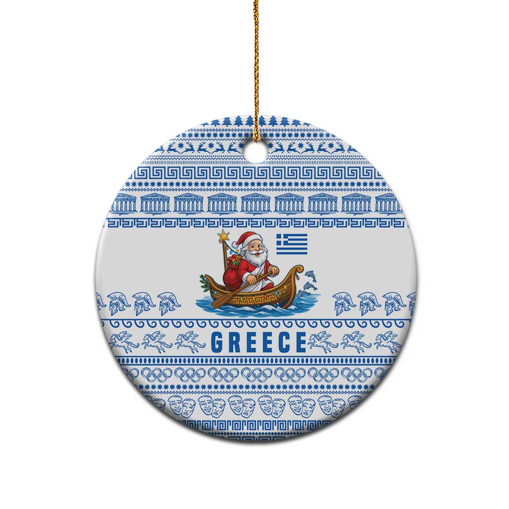 Greece Christmas Ceramic Ornament with Santa Rowing Boat Greek Flag Laurel Wreath Parthenon and Blue White Pattern Design - Wonder Print Shop