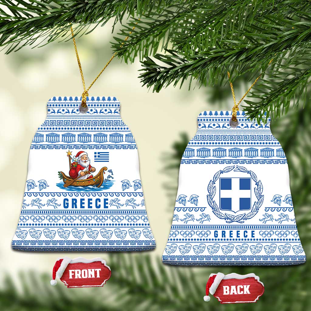 Greece Christmas Ceramic Ornament with Santa Rowing Boat Greek Flag Laurel Wreath Parthenon and Blue White Pattern Design - Wonder Print Shop