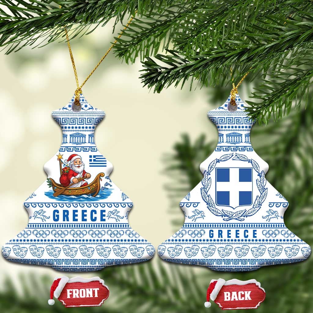 Greece Christmas Ceramic Ornament with Santa Rowing Boat Greek Flag Laurel Wreath Parthenon and Blue White Pattern Design - Wonder Print Shop