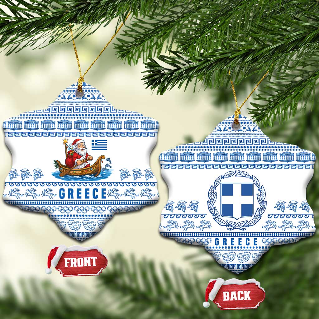 Greece Christmas Ceramic Ornament with Santa Rowing Boat Greek Flag Laurel Wreath Parthenon and Blue White Pattern Design - Wonder Print Shop