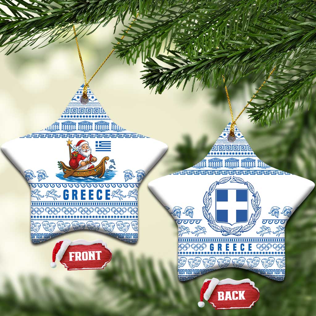 Greece Christmas Ceramic Ornament with Santa Rowing Boat Greek Flag Laurel Wreath Parthenon and Blue White Pattern Design - Wonder Print Shop