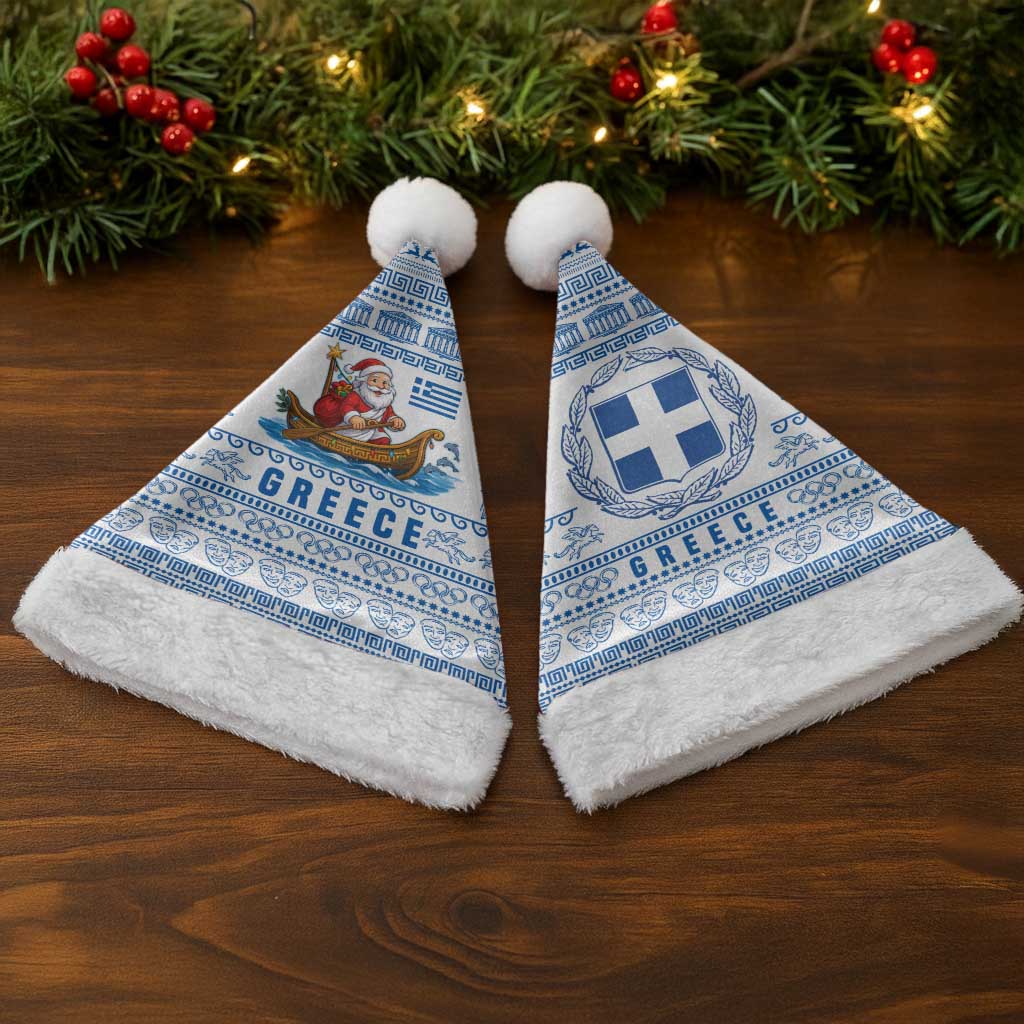 Greece Christmas Santa Hat with Santa Rowing Boat Greek Flag Laurel Wreath Parthenon and Blue White Pattern Design - Wonder Print Shop