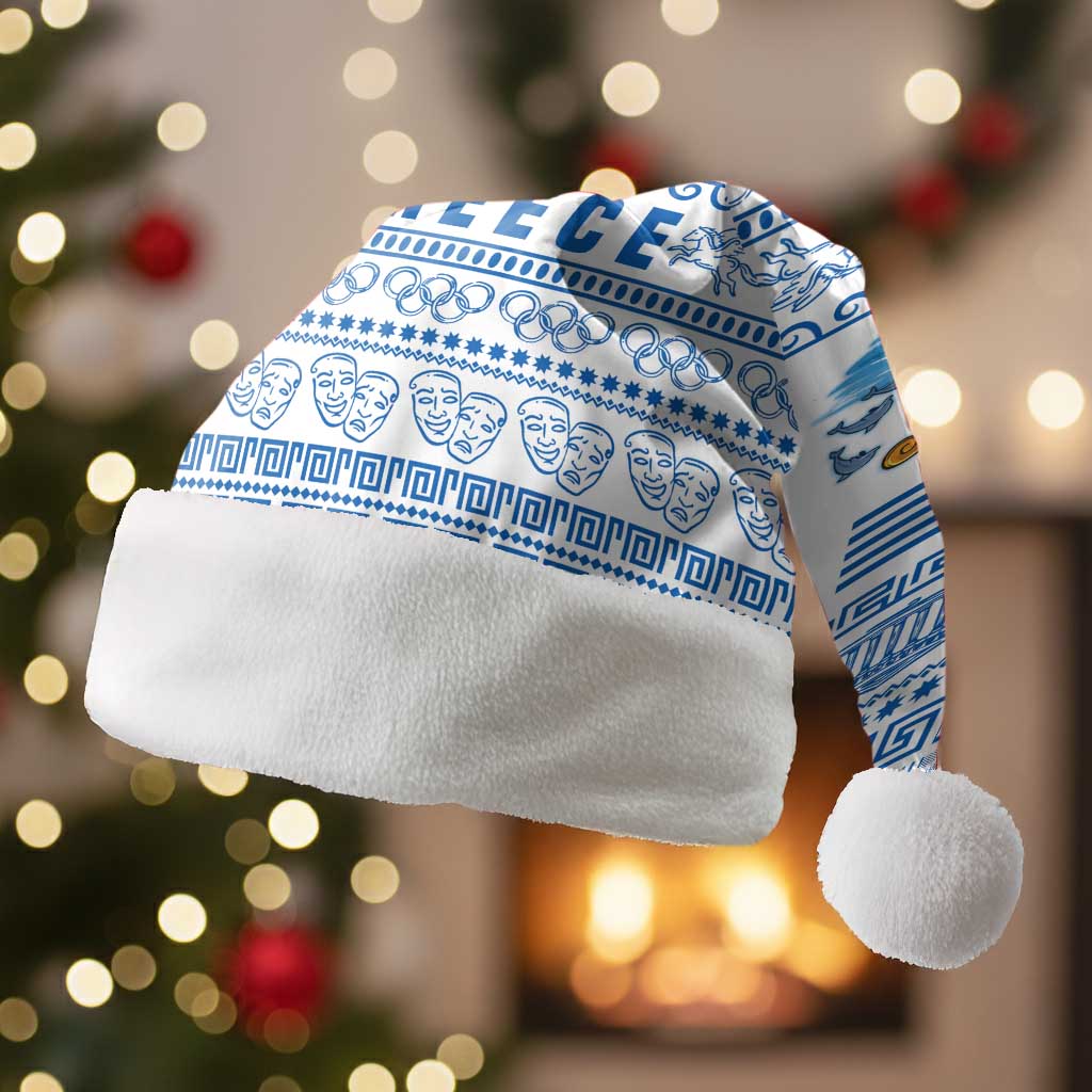 Greece Christmas Santa Hat with Santa Rowing Boat Greek Flag Laurel Wreath Parthenon and Blue White Pattern Design - Wonder Print Shop