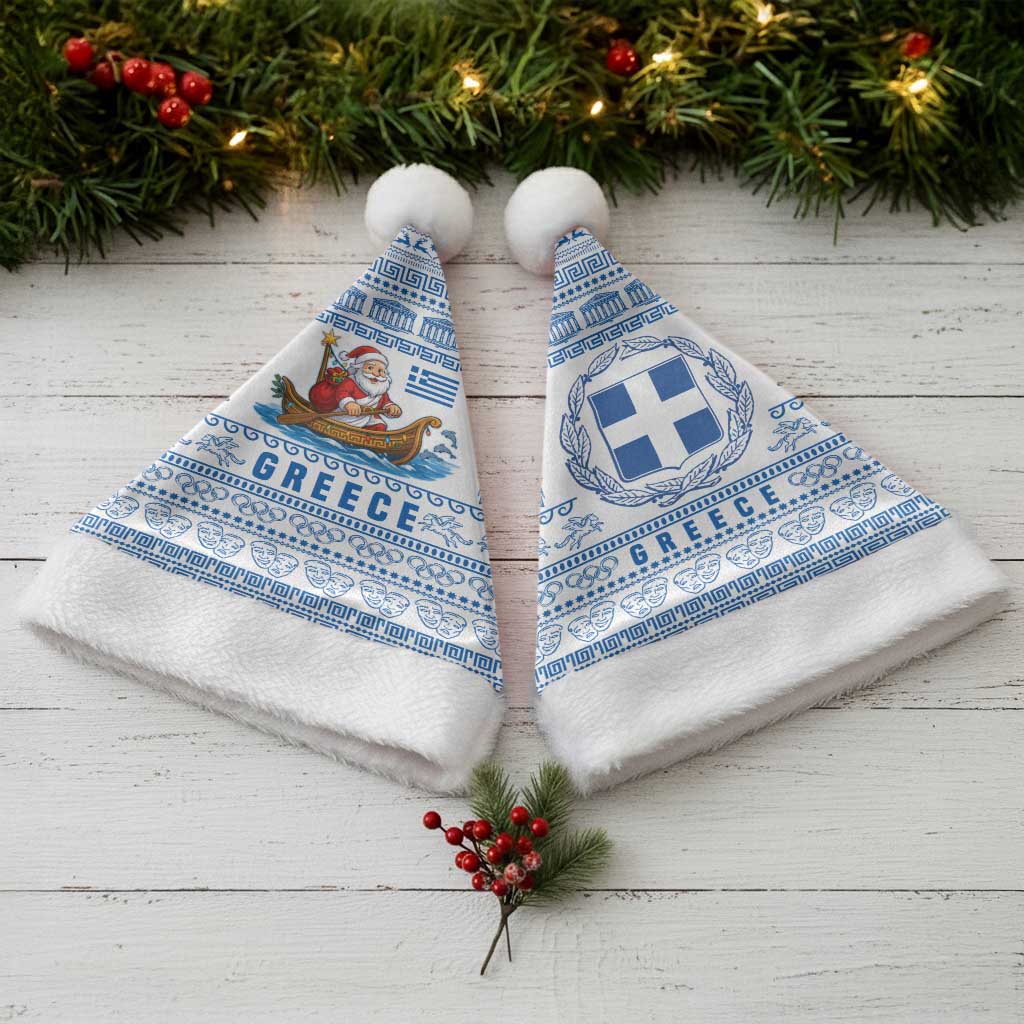 Greece Christmas Santa Hat with Santa Rowing Boat Greek Flag Laurel Wreath Parthenon and Blue White Pattern Design - Wonder Print Shop