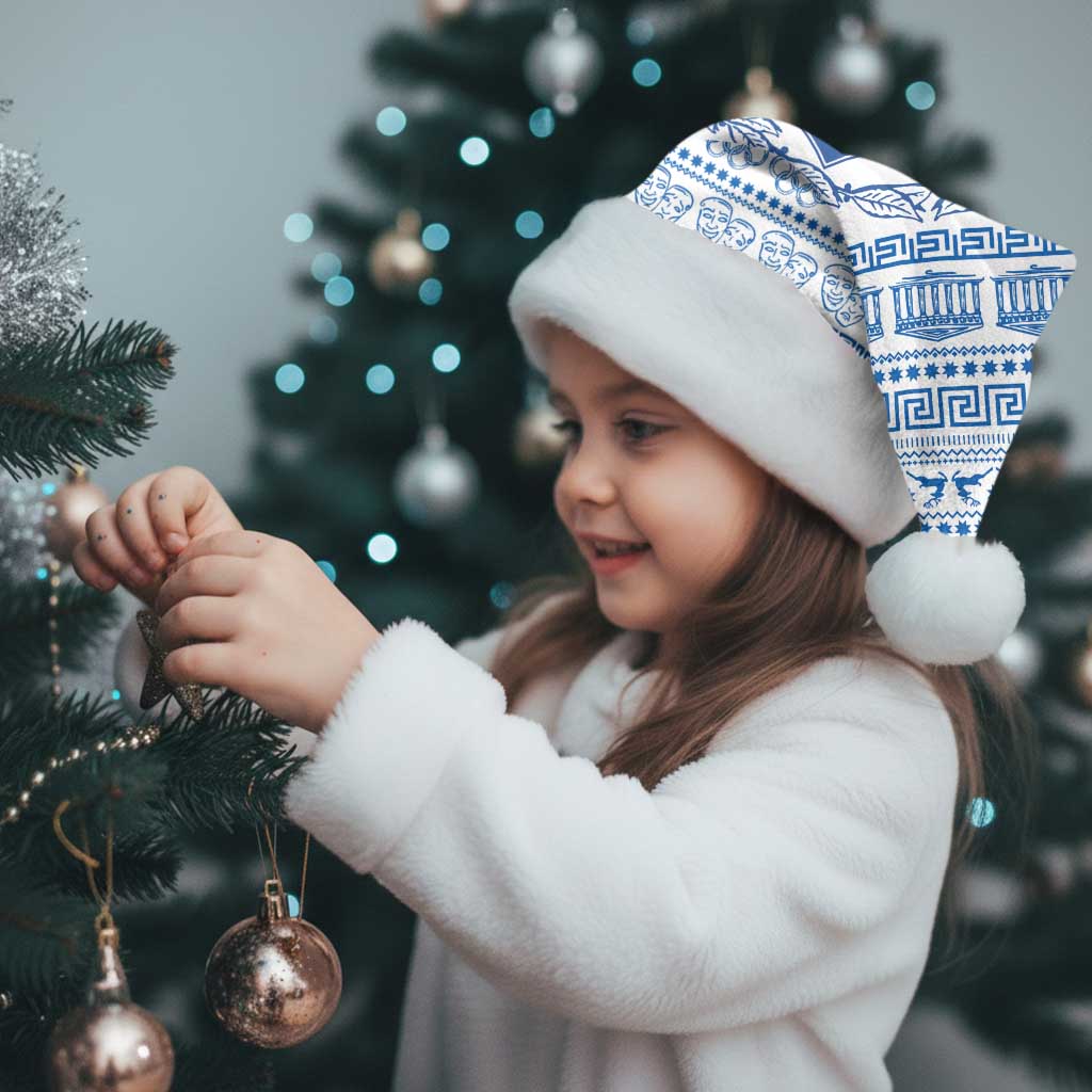 Greece Christmas Santa Hat with Santa Rowing Boat Greek Flag Laurel Wreath Parthenon and Blue White Pattern Design - Wonder Print Shop