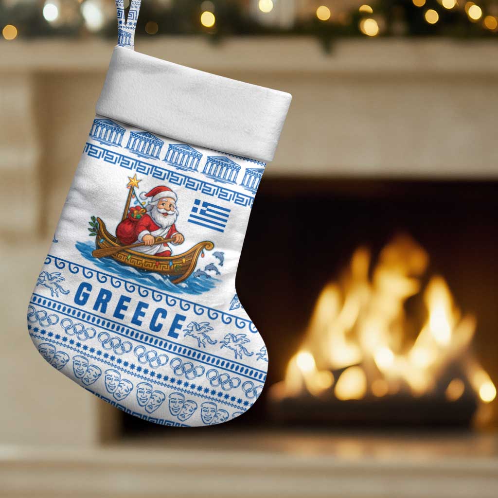Greece Christmas Stocking with Santa Rowing Boat Greek Flag Laurel Wreath Parthenon and Blue White Pattern Design - Wonder Print Shop