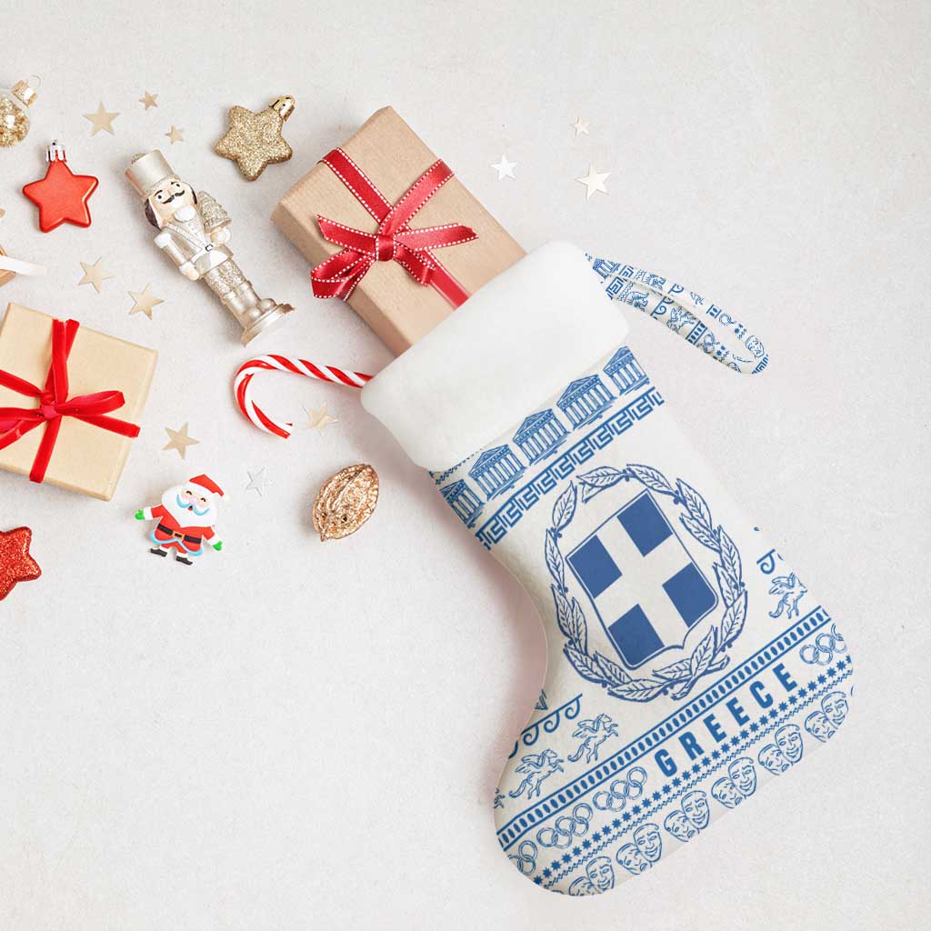 Greece Christmas Stocking with Santa Rowing Boat Greek Flag Laurel Wreath Parthenon and Blue White Pattern Design - Wonder Print Shop