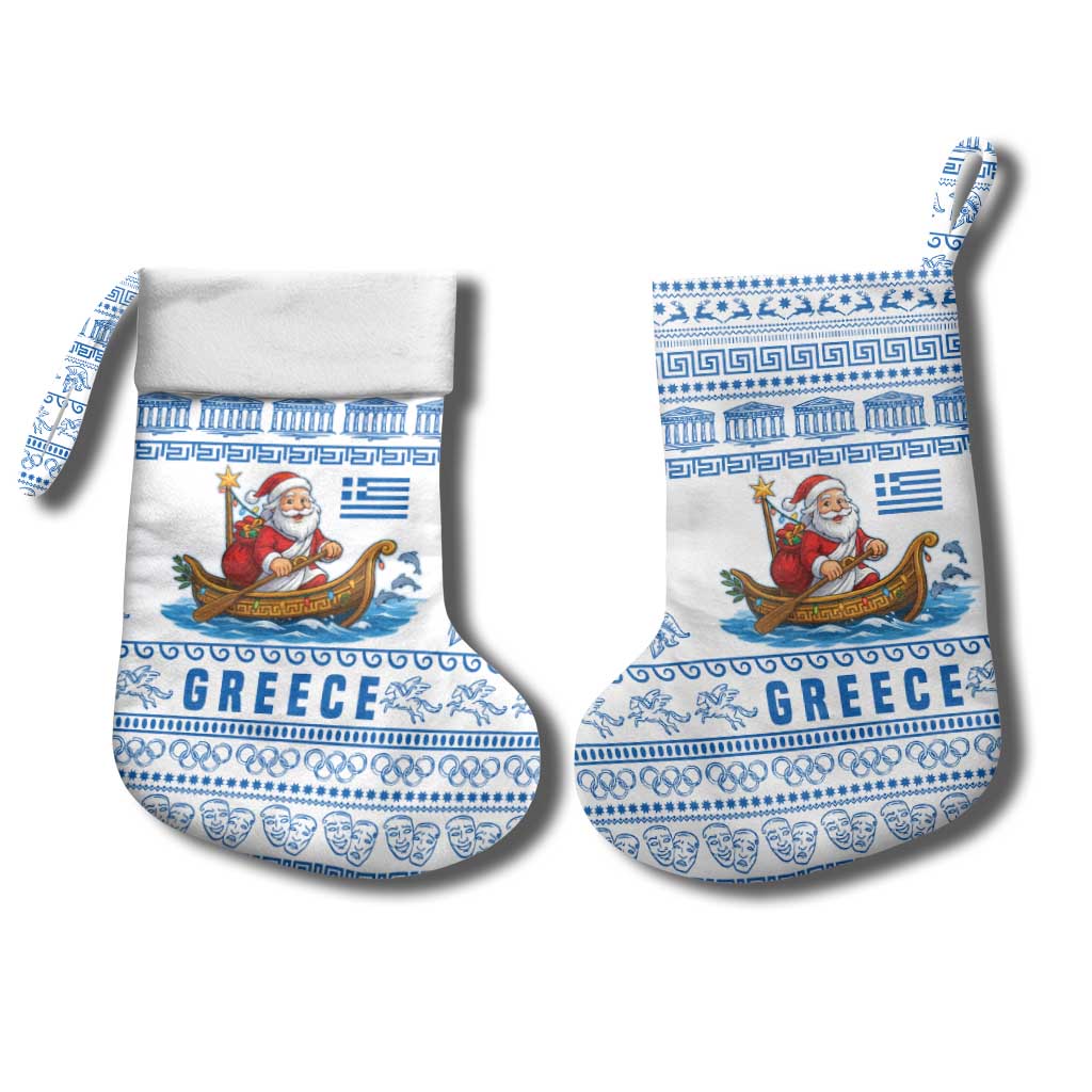 Greece Christmas Stocking with Santa Rowing Boat Greek Flag Laurel Wreath Parthenon and Blue White Pattern Design - Wonder Print Shop