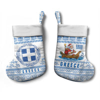 Greece Christmas Stocking with Santa Rowing Boat Greek Flag Laurel Wreath Parthenon and Blue White Pattern Design - Wonder Print Shop