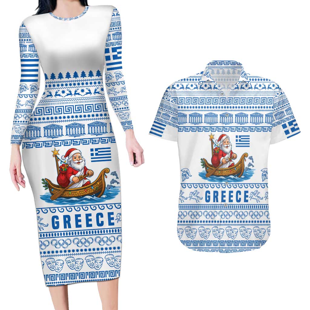 Greece Christmas Couples Matching Long Sleeve Bodycon Dress and Hawaiian Shirt with Santa Rowing Boat Greek Flag Laurel Wreath Parthenon and Blue White Pattern Design - Wonder Print Shop