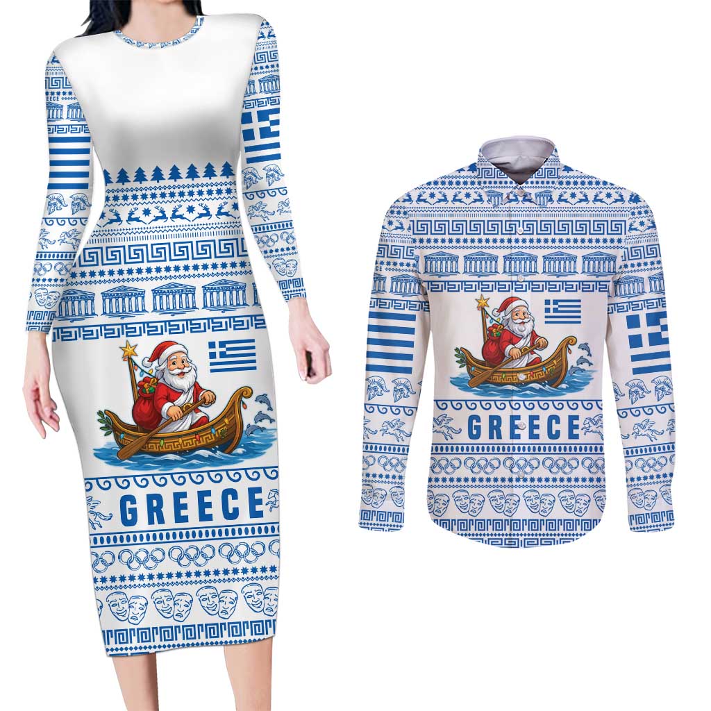 Greece Christmas Couples Matching Long Sleeve Bodycon Dress and Long Sleeve Button Shirt with Santa Rowing Boat Greek Flag Laurel Wreath Parthenon and Blue White Pattern Design - Wonder Print Shop