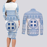 Greece Christmas Couples Matching Long Sleeve Bodycon Dress and Long Sleeve Button Shirt with Santa Rowing Boat Greek Flag Laurel Wreath Parthenon and Blue White Pattern Design - Wonder Print Shop