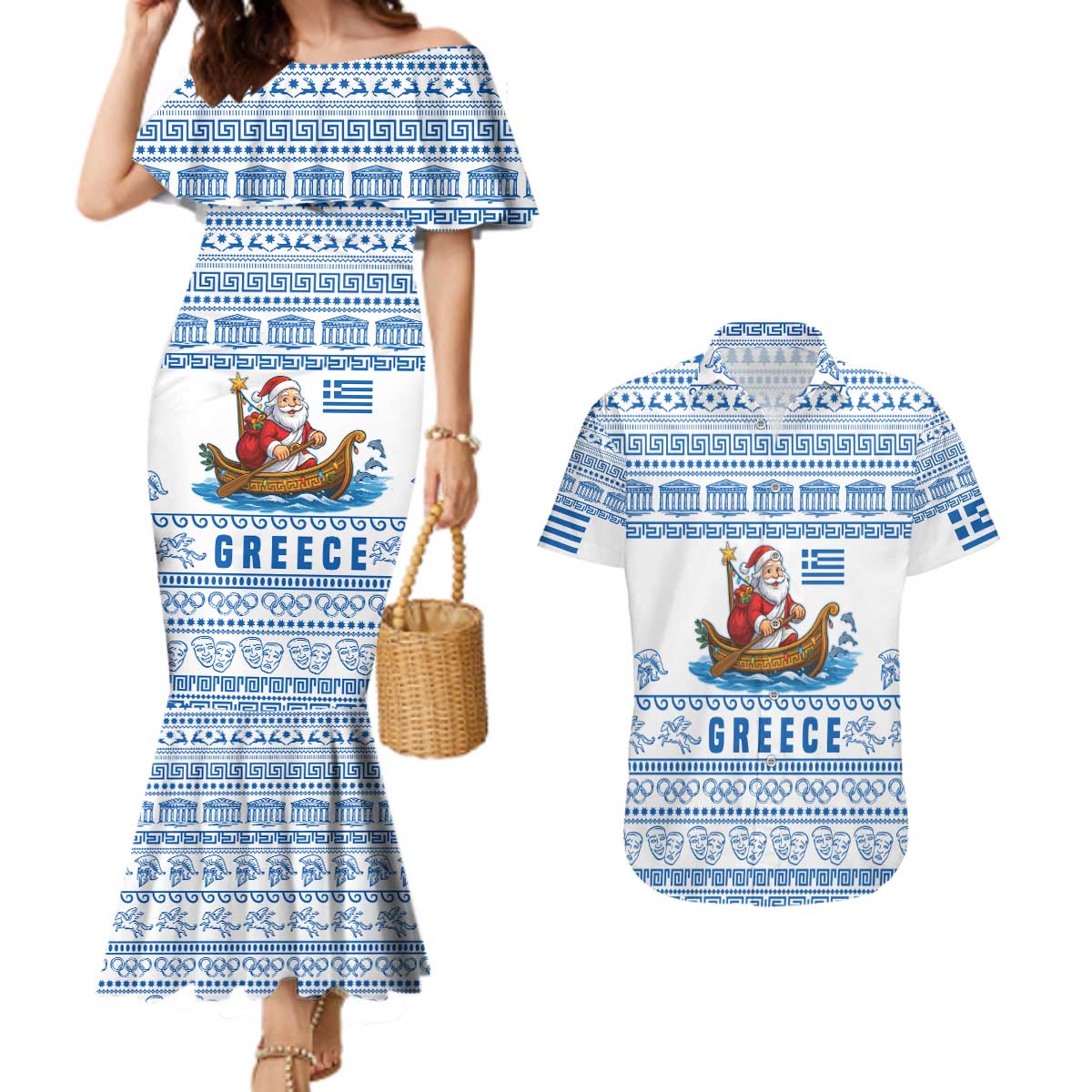 Greece Christmas Couples Matching Mermaid Dress and Hawaiian Shirt with Santa Rowing Boat Greek Flag Laurel Wreath Parthenon and Blue White Pattern Design - Wonder Print Shop