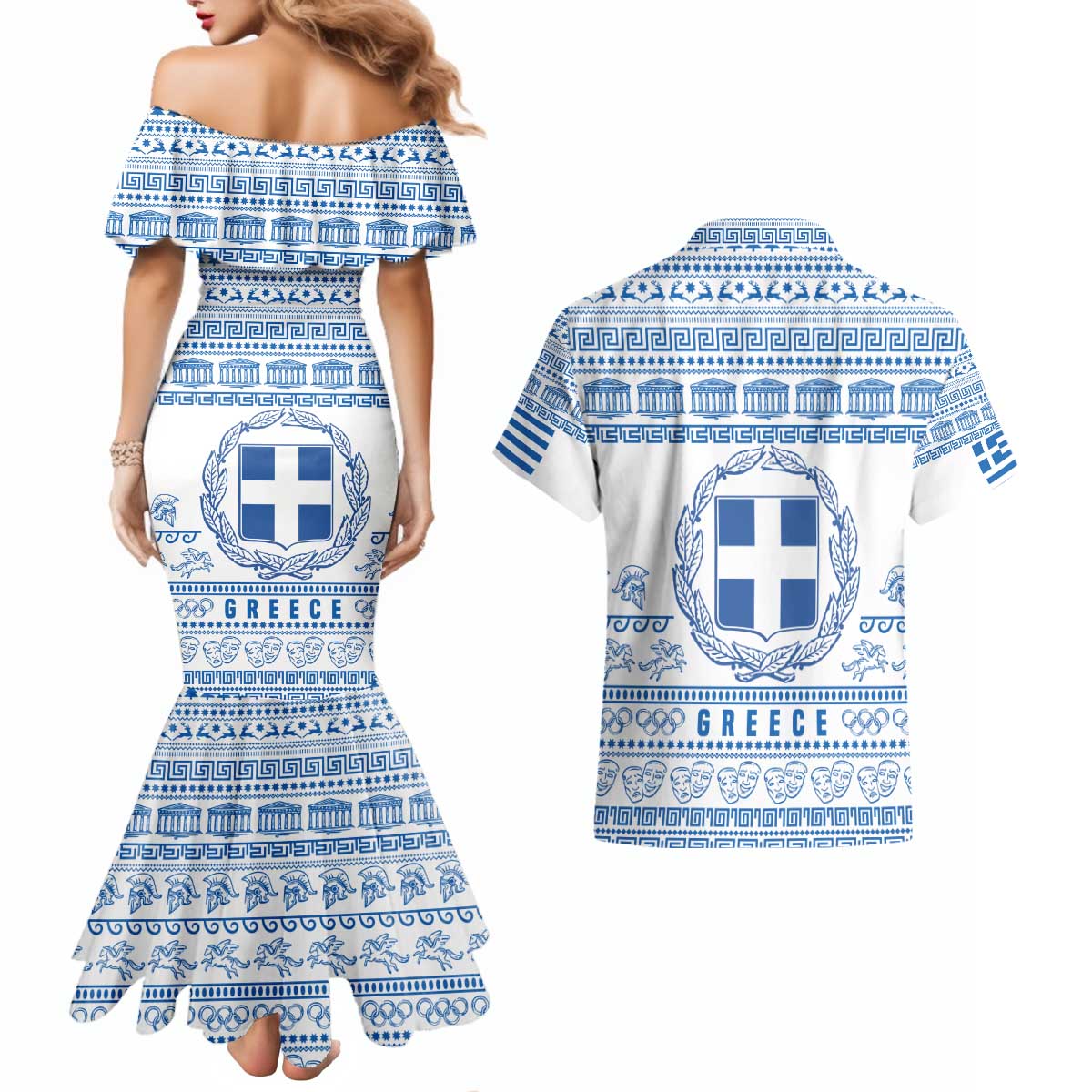 Greece Christmas Couples Matching Mermaid Dress and Hawaiian Shirt with Santa Rowing Boat Greek Flag Laurel Wreath Parthenon and Blue White Pattern Design - Wonder Print Shop