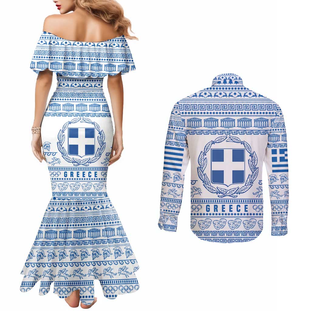 Greece Christmas Couples Matching Mermaid Dress and Long Sleeve Button Shirt with Santa Rowing Boat Greek Flag Laurel Wreath Parthenon and Blue White Pattern Design - Wonder Print Shop