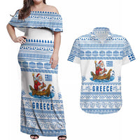 Greece Christmas Couples Matching Off Shoulder Maxi Dress and Hawaiian Shirt with Santa Rowing Boat Greek Flag Laurel Wreath Parthenon and Blue White Pattern Design - Wonder Print Shop