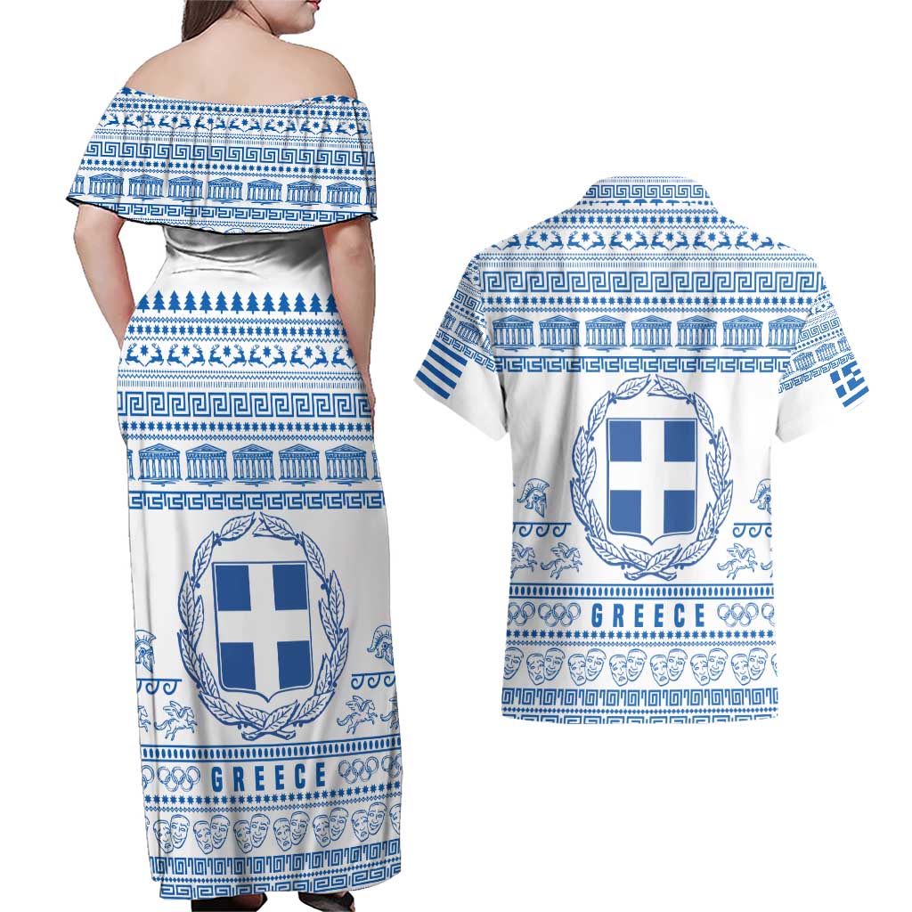 Greece Christmas Couples Matching Off Shoulder Maxi Dress and Hawaiian Shirt with Santa Rowing Boat Greek Flag Laurel Wreath Parthenon and Blue White Pattern Design - Wonder Print Shop