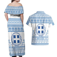 Greece Christmas Couples Matching Off Shoulder Maxi Dress and Hawaiian Shirt with Santa Rowing Boat Greek Flag Laurel Wreath Parthenon and Blue White Pattern Design - Wonder Print Shop