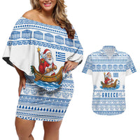 Greece Christmas Couples Matching Off Shoulder Short Dress and Hawaiian Shirt with Santa Rowing Boat Greek Flag Laurel Wreath Parthenon and Blue White Pattern Design - Wonder Print Shop