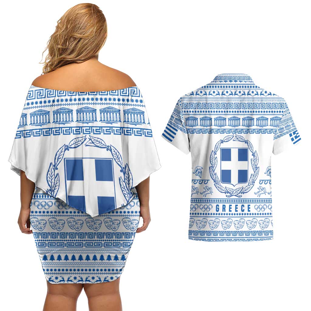 Greece Christmas Couples Matching Off Shoulder Short Dress and Hawaiian Shirt with Santa Rowing Boat Greek Flag Laurel Wreath Parthenon and Blue White Pattern Design - Wonder Print Shop