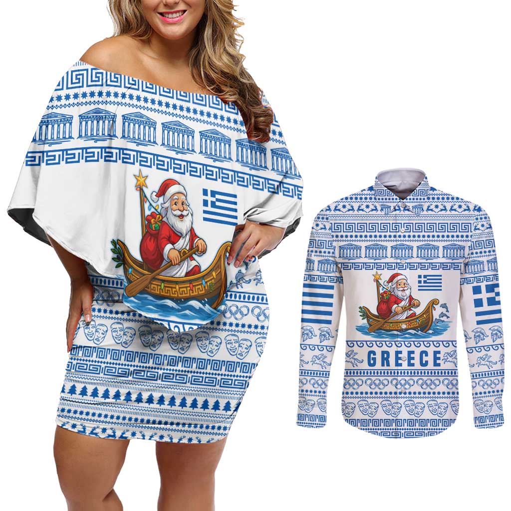 Greece Christmas Couples Matching Off Shoulder Short Dress and Long Sleeve Button Shirt with Santa Rowing Boat Greek Flag Laurel Wreath Parthenon and Blue White Pattern Design - Wonder Print Shop